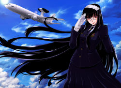 Rule 34 | 1girl, airborne early warning and control, aircraft, airplane, bad id, bad pixiv id, black hair, boeing e-767, cloud, day, e-767, glasses, gloves, hat, japan air self-defense force, japan self-defense force, jet, lens flare, long hair, mecha musume, military, military uniform, personification, salute, signature, sky, solo, soma (a-soma), uniform, very long hair, white gloves