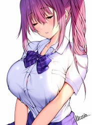 Rule 34 | 1girl, blue bow, blue neckwear, blush, bow, bra, bra peek, breasts, breasts squeezed together, button gap, closed eyes, collared shirt, commentary request, dress shirt, hair between eyes, high ponytail, large breasts, mataro (matarou), original, parted lips, pink bra, pink hair, pleated skirt, purple skirt, shirt, short sleeves, sidelocks, signature, sitting, skirt, solo, striped, striped bow, underwear, white background, white shirt