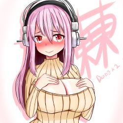 Rule 34 | 1girl, blush, breasts, cleavage, cleavage cutout, clothing cutout, dongdong, hands on own chest, headphones, heart, heart-shaped pupils, highres, large breasts, long hair, looking at viewer, meme attire, nitroplus, open-chest sweater, pink hair, red eyes, ribbed sweater, smile, solo, super sonico, sweater, symbol-shaped pupils, turtleneck