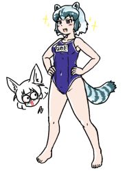 Rule 34 | 2girls, acesrulez, alternate costume, animal ears, bare arms, bare legs, bare shoulders, barefoot, blood, blue one-piece swimsuit, blush, commentary request, common raccoon (kemono friends), extra ears, fang, fennec (kemono friends), grey hair, hands on own hips, kemono friends, multicolored hair, multiple girls, nosebleed, one-piece swimsuit, open mouth, raccoon ears, raccoon girl, raccoon tail, school swimsuit, short hair, sparkle, swimsuit, tail