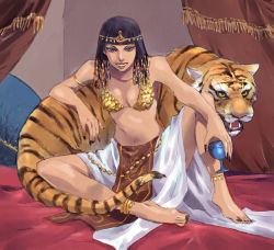Rule 34 | ancient egypt, animal, barefoot, black hair, blue eyes, breasts, chalice, cup, egyptian, eyeshadow, makeup, original, ozaki kaori, tagme, tiger