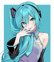 Rule 34 | 1girl, alternate hairstyle, aqua background, aqua eyes, aqua hair, aqua nails, aqua necktie, bare shoulders, black sleeves, blush, border, breasts, commentary request, detached sleeves, grey shirt, hatsune miku, long hair, looking at viewer, meme, mixed-language commentary, necktie, outside border, shirt, side ponytail, sidetail miku noodle stopper (meme), simple background, sleeveless, small breasts, solo, upper body, vocaloid, white border, xiaoxiao de kuangsan