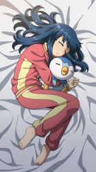 Rule 34 | 1girl, barefoot, bed sheet, closed eyes, commentary, creatures (company), dawn (pokemon), eyelashes, game freak, gen 4 pokemon, highres, holding, holding pokemon, long hair, long sleeves, lying, nintendo, on side, pajamas, pants, parted lips, piplup, pokemon, pokemon (anime), pokemon (creature), pokemon dppt (anime), sleeping, suitenan, toes