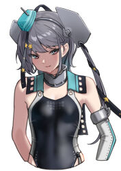 Rule 34 | 1girl, aqua hat, breasts, closed mouth, cropped torso, elbow gloves, garrison cap, gloves, grey hair, hair ornament, hair ribbon, hat, headgear, highres, kantai collection, long hair, looking at viewer, mini hat, one-piece swimsuit, ribbon, scamp (kancolle), simple background, single elbow glove, small breasts, solo, swimsuit, upper body, white background, yamano rita