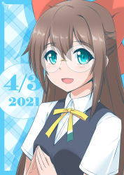 Rule 34 | 1girl, absurdres, aqua eyes, aqua shirt, artist name, artist request, bb/bj, black vest, blue background, blue eyes, blush, bow, breasts, brown hair, bunji, buttons, collared shirt, female focus, fingers together, glasses, hair between eyes, hair bow, half updo, highres, index finger raised, long hair, looking at viewer, love live!, love live! nijigasaki high school idol club, nail, nail polish, nijigasaki school uniform, open mouth, osaka shizuku, own hands together, parted lips, ponytail, red bow, ribbon, round eyewear, school uniform, shirt, short sleeves, small breasts, smile, solo, sweater vest, upper body, vest, white background, white shirt, yellow buttons, yellow neckwear, yellow ribbon