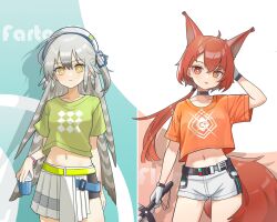 Rule 34 | 2girls, :p, ahoge, alternate costume, animal ears, arknights, black choker, blush, breasts, bright pupils, character name, choker, cowboy shot, cropped shirt, cup, drop shadow, extra ears, fartooth (arknights), feather hair, flametail (arknights), flametail (sport for all) (arknights), gloves, green shirt, grey hair, hair between eyes, hand up, hat, highres, holding, holding cup, holding sword, holding weapon, jiuyu qame, long hair, looking at viewer, midriff, multiple girls, navel, official alternate costume, one side up, orange eyes, orange hair, orange shirt, ponytail, shirt, short sleeves, shorts, simple background, skirt, small breasts, squirrel ears, squirrel girl, squirrel tail, sword, t-shirt, tail, tongue, tongue out, weapon, white background, white gloves, white headwear, white pupils, white shorts, white skirt, yellow eyes