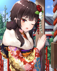Rule 34 | 1girl, alternate costume, animal, animal on shoulder, blue sky, blush, breasts, brown hair, cat, chomusuke, commentary request, day, floral print, flower, from side, fur collar, hair flower, hair ornament, hands up, hatsumoude, japanese clothes, kimono, kono subarashii sekai ni shukufuku wo!, long hair, long sleeves, looking at viewer, looking to the side, megumin, new year, obi, one eye closed, open mouth, outdoors, own hands together, pensuke, praying, print kimono, red eyes, red flower, sash, shrine, sky, smile, solo, standing, upper body, white flower, wide sleeves