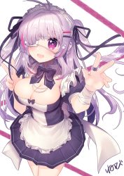 Rule 34 | 1girl, :d, absurdres, antenna hair, apron, bandaged arm, bandages, black bow, black dress, blush, bow, breasts, cleavage, collar, commentary request, detached collar, dress, eyepatch, fang, frilled apron, frills, hair ornament, hair over one eye, hairclip, highres, jewelry, large breasts, long hair, looking at viewer, maid, maid headdress, medical eyepatch, multicolored hair, nenobi (nenorium), open mouth, original, pleated dress, puffy short sleeves, puffy sleeves, purple eyes, purple hair, ring, short sleeves, signature, smile, solo, star (symbol), streaked hair, v, very long hair, waist apron, white apron, white collar, wing collar