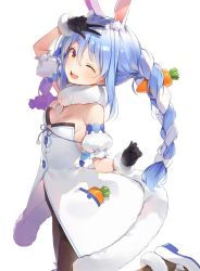 Rule 34 | 1girl, animal ear fluff, animal ears, bare shoulders, black gloves, black leotard, blue hair, braid, breasts, carrot hair ornament, coat, commentary request, detached sleeves, don-chan (usada pekora), food-themed hair ornament, fur collar, fur trim, gloves, hair ornament, highres, hololive, leotard, long hair, looking at viewer, medium breasts, one eye closed, open mouth, pantyhose, rabbit ears, rabbit girl, rabbit tail, shoes, simple background, smile, solo, strapless, strapless leotard, thick eyebrows, twin braids, twintails, usada pekora, usada pekora (1st costume), virtual youtuber, white background, white coat, yellow eyes, yuuki hagure