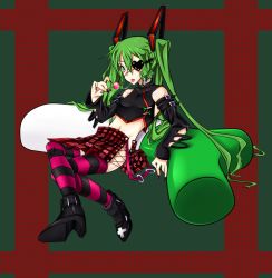 Rule 34 | 1girl, :p, anais (gothicdoll), candy, cross, crossed legs, detached sleeves, eyepatch, female focus, food, full body, green eyes, green hair, hatsune miku, heart, heart-shaped eyepatch, heart eyepatch, highres, lollipop, long hair, matching hair/eyes, navel, pillow, punk, saliva, saliva trail, shoes, sitting, skirt, solo, spring onion, striped clothes, striped thighhighs, themed object, thighhighs, tongue, tongue out, twintails, very long hair, vocaloid
