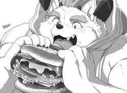 Rule 34 | 1boy, artist name, bara, behemoth (housamo), blush, burger, commentary, demon horns, fangs, food, forked eyebrows, furry, furry male, greyscale, hijirino yuuta, holding, holding food, hood, hoodie, horns, male focus, monochrome, multiple horns, muscular, muscular male, open mouth, saliva, signature, sleeveless, sleeveless hoodie, smile, solo, thick eyebrows, tokyo houkago summoners, upper body, white background