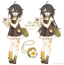Rule 34 | 1girl, :d, aged down, ahoge, artist name, asymmetrical legwear, bacheally, bad source, bag, bandaid, bandaid on knee, bandaid on leg, black eyes, black footwear, black hair, brown bag, brown dress, brown footwear, camera, capelet, child, chinese text, commission, detached sleeves, dress, flower, frilled dress, frills, full body, green scarf, green socks, hair between eyes, hair ornament, hairclip, highres, holding, holding camera, layered sleeves, long hair, long sleeves, looking at viewer, loose socks, mary janes, mismatched legwear, multiple views, open mouth, original, ribbed legwear, sample watermark, scarf, shirt, shoes, short dress, shoulder bag, signature, simple background, sleeveless, sleeveless dress, smile, socks, standing, striped clothes, striped socks, twitter username, uneven legwear, vertical-striped clothes, vertical-striped socks, watermark, weibo logo, weibo watermark, white background, white capelet, white flower, white shirt, white sleeves, yellow socks
