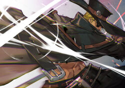 Rule 34 | 1boy, abs, belt, black coat, blonde hair, brown gloves, coat, cowboy hat, fingerless gloves, gloves, guilty gear, guilty gear strive, hat, holding, holding sword, holding weapon, hungry clicker, johnny (guilty gear), katana, male focus, pirate, sheath, sheathed, slashing, solo, sunglasses, sword, weapon, wind, wind lift