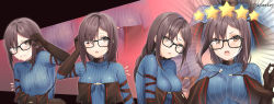 Rule 34 | 1girl, absurdres, black-framed eyewear, black dress, blue dress, blush, breasts, brown eyes, brown hair, center opening, choker, dress, earrings, fate/grand order, fate (series), glasses, highres, huge filesize, jewelry, layered dress, long hair, long sleeves, looking at viewer, multiple earrings, multiple views, open mouth, ribbed dress, ribbon-trimmed dress, strapless, strapless dress, very long hair, yu mei-ren (fate), yu mei-ren (first ascension) (fate), yufou