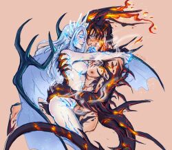 Rule 34 | 1boy, 1girl, alternate form, black hair, breasts, claws, clive rosfield, completely nude, eye contact, final fantasy, final fantasy xvi, fire, frost, glowing, glowing eyes, grey hair, hetero, horns, ifrit (final fantasy), jill warrick, kiss, kissing hand, looking at another, magpiecelestial, medium breasts, nipples, nude, pale skin, shiva (final fantasy), steam, straddling, tail, tiara, upright straddle