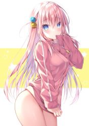 Rule 34 | 1girl, blue eyes, blush, bocchi the rock!, bottomless, breasts, clothes pull, cube hair ornament, gotoh hitori, hair between eyes, hair ornament, highres, jacket, jacket pull, jacket tug, large breasts, long hair, long sleeves, looking at viewer, mouth hold, one side up, pink hair, pink jacket, pulling own clothes, sleeves past fingers, sleeves past wrists, solo, star (symbol), starry background, thighs, track jacket, watagashi yui, white background, yellow background