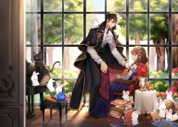 Rule 34 | 1boy, 1girl, animal print, ascot, bad id, bad pixiv id, black cat, black hair, black pants, blue dress, book, book stack, bouquet, brown hair, cat, chair, closed eyes, covering with blanket, day, dress, elbow gloves, flower, gloves, gold trim, grey gloves, hetero, iji (u mayday), indoors, instrument, li zeyan, long hair, long sleeves, looking at another, love and producer, map, pants, piano, piano bench, rabbit, rabbit print, sitting, table, tree, vase, window, yarn, yarn ball, zhou quiluo