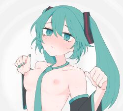 Rule 34 | 1girl, aqua eyes, aqua hair, aqua nails, black sleeves, blush, breasts, closed mouth, collarbone, commentary, detached sleeves, grey background, hair between eyes, hair ornament, hands up, hatsune miku, highres, long hair, looking at viewer, medium breasts, nail polish, necktie, nipples, nose blush, solo, sweat, twintails, upper body, uraya0, vocaloid