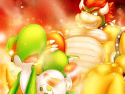 Rule 34 | 2boys, aftersex, animal, animals, blush, bowser, closed eyes, egg, gradient background, horns, male focus, mario (series), multiple boys, nintendo, nude, open mouth, orgasm, penis, spikes, super mario bros. 1, uncensored, yaoi, yoshi