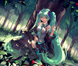 Rule 34 | 1girl, aqua eyes, aqua hair, baisi shaonian, bare shoulders, black thighhighs, dappled sunlight, detached sleeves, forest, hair ornament, hatsune miku, long hair, long sleeves, looking at viewer, nature, shirt, sitting, skirt, smile, solo, sunlight, tattoo, thighhighs, twintails, very long hair, vocaloid, wide sleeves, zettai ryouiki