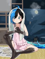 Rule 34 | 1girl, ahoge, ari hinoko, bare arms, bare legs, barefoot, black hair, blue hair, cat, claws, closed mouth, commentary request, full moon, green eyes, grey eyes, heterochromia, highres, indoors, looking down, monster girl, moon, multicolored hair, night, night sky, original, pajamas, pink shirt, scales, shearing, shedding, shedding skin, shirt, short hair, short shorts, shorts, sitting, sky, sleeveless, sleeveless shirt, solo, split-color hair, tail, two-tone hair, wakao ruri