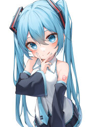 Rule 34 | 1girl, absurdly long hair, absurdres, aqua eyes, aqua hair, aqua nails, aqua necktie, black skirt, black sleeves, breasts, closed mouth, commentary, detached sleeves, hair between eyes, hand on own face, hand up, hatsune miku, highres, long hair, looking at viewer, necktie, number tattoo, ryaru ryaru, shirt, shoulder tattoo, simple background, skirt, small breasts, smile, solo, tattoo, tongue, tongue out, twintails, v, very long hair, vocaloid, white background, white shirt