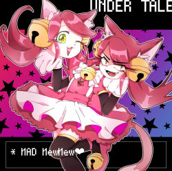 Rule 34 | 1girl, animal ears, bell, cat ears, disembodied head, dual persona, fang, gloves, green eyes, highres, mad mew mew, magical girl, pink footwear, pink hair, staff, undertale, white gloves