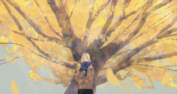 Rule 34 | 1girl, absurdres, autumn, black skirt, blonde hair, brown sweater, day, hand up, highres, looking down, medium hair, original, outdoors, pleated skirt, scarf, scarf over mouth, scenery, shion 08, skirt, sky, sleeves past wrists, solo, sweater, tree