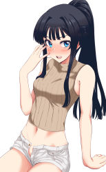 Rule 34 | 1girl, bad id, bad pixiv id, bare shoulders, black hair, blue eyes, blunt bangs, blush, breasts, full-face blush, hand up, highres, idolmaster, idolmaster million live!, long hair, medium breasts, mogami shizuka, navel, no panties, open clothes, open fly, open mouth, open shorts, ponytail, run p (aveton), short shorts, shorts, sidelocks, simple background, sitting, sleeveless, solo, stomach, sweater vest, teeth, upper teeth only, v-shaped eyebrows, white background, white shorts