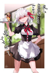 Rule 34 | 1girl, alternate costume, apron, bebe (bebe pp), black dress, blurry, blurry background, breasts, commentary request, dress, enmaided, fate/grand order, fate (series), frills, frown, hair ornament, hair ribbon, highres, holding, holding tray, kama (fate), looking at viewer, maid, maid apron, maid day, maid headdress, medium breasts, plate, puffy short sleeves, puffy sleeves, red eyes, red ribbon, ribbon, short hair, short sleeves, signature, solo, teeth, translation request, tray