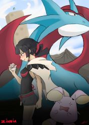 Rule 34 | 1girl, artist name, black hair, black shirt, blush, bob cut, breasts, building, cape, character name, creatures (company), dark skin, dragon, fang, female focus, fingernails, from side, game freak, gen 3 pokemon, highres, holding, legendary pokemon, legs, mountain, mythical pokemon, neck, nintendo, open mouth, outdoors, pillar, pokemon, pokemon (creature), pokemon oras, rayquaza, red eyes, rope belt, salamence, shirt, short hair, short ponytail, short shorts, shorts, size difference, sky, sleeveless, sleeveless shirt, smirk, thighs, when you see it, whismur, wings, zinnia (pokemon)