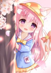 Rule 34 | 1girl, animal ears, azur lane, behind tree, bell, blue shirt, blush, bow, cat ears, cat tail, cherry blossoms, commentary, cowboy shot, d:, ears through headwear, flower, frown, hat, hiyada yuu, kindergarten uniform, kisaragi (azur lane), long hair, long sleeves, miniskirt, open mouth, pink background, pink bow, pink eyes, pink hair, pleated skirt, pocket, sailor collar, school hat, shirt, skirt, solo, tail, tail bell, tail bow, tail ornament, tearing up, wavy mouth, white sailor collar, yellow hat, yellow skirt