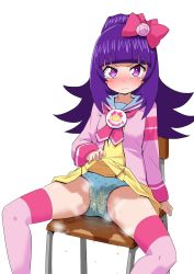 Rule 34 | 1girl, angry, blue panties, blunt bangs, blush, bow, chair, closed mouth, clothes lift, dress, dress lift, embarrassed, female focus, flat chest, hair bow, hanazono shuka, highres, idol time pripara, jacket, jpeg artifacts, lifted by self, long hair, long sleeves, looking at viewer, mikomo, miniskirt, nose blush, panties, pee, peeing, peeing self, pink bow, pink jacket, pink neckwear, pink thighhighs, polka dot, polka dot panties, ponytail, pretty series, pripara, puddle, purple eyes, purple hair, sailor collar, shiny skin, simple background, sitting, skindentation, skirt, solo, spread legs, steam, sweat, tears, thighhighs, underwear, wet, wet clothes, wet panties, white background, white sailor collar, yellow dress