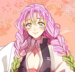 Rule 34 | 1girl, blush, braid, breasts, buttons, cleavage, cloak, commentary, dated, feet out of frame, floral background, gradient hair, green eyes, green hair, haori, japanese clothes, kanroji mitsuri, kimetsu no yaiba, large breasts, long hair, long sleeves, looking at viewer, mole, mole under eye, multicolored hair, open mouth, pink background, pink hair, school uniform, shirt, signature, simple background, smile, solo, souta (karasu no ouchi), standing, twin braids, two-tone hair, upper body, white cloak, wide sleeves, wing collar
