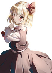 Rule 34 | 1girl, ascot, bad id, bad pixiv id, black skirt, black vest, blonde hair, closed mouth, from side, hair ribbon, highres, looking at viewer, natsume suzuri, red ascot, red eyes, red ribbon, ribbon, rumia, shirt, short hair, simple background, skirt, smile, solo, touhou, vest, white background, white shirt