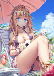 Rule 34 | 1girl, ahoge, akkijin, anklet, bare shoulders, bikini, blonde hair, blue eyes, blush, bracelet, breasts, chair, circlet, cleavage, collarbone, cup, detached sleeves, gem, highres, holding, holding instrument, instrument, jewelry, large breasts, long hair, official art, outdoors, ponytail, shinkai no valkyrie, sidelocks, sitting, smile, solo, swimsuit, thighs, umbrella, watermark