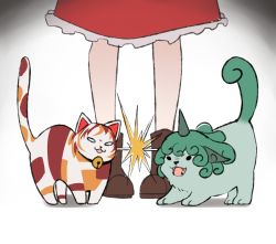 Rule 34 | 3girls, :3, angry, animal collar, animal ears, animal hands, bell, boots, brown footwear, calico, cat, cat ears, cat tail, chinese commentary, collar, commentary, curly hair, fangs, feet, feet only, foot focus, frilled skirt, frills, goutokuji mike, goutokuji mike (cat), green hair, hakurei reimu, highres, horns, idaku, imminent fight, jingle bell, komainu, komano aunn, komano aunn (komainu), lightning glare, lower body, multiple girls, open mouth, patchwork skin, pigeon-toed, red skirt, single horn, skirt, solid oval eyes, standing, tail, tongue, touhou, unconnected marketeers