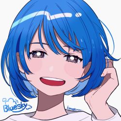 Rule 34 | 1girl, blue hair, blush, brown eyes, english text, hand up, kisaragi yuu (fallen sky), long sleeves, looking at viewer, nail polish, open mouth, original, pink nails, portrait, shirt, short hair, signature, simple background, smile, solo, white background, white shirt