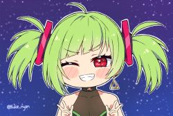 Rule 34 | 1girl, ;d, ahoge, asymmetrical bangs, bare shoulders, blush stickers, chibi, commentary, delutaya, diagonal bangs, double v, earrings, english commentary, green hair, grin, jewelry, kukie-nyan, one eye closed, open mouth, red eyes, see-through, sleeveless, smile, solo, symbol-only commentary, triangle earrings, triangle hair ornament, twintails, twitter username, upper body, v, v-shaped eyebrows, virtual youtuber