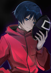 Rule 34 | 1boy, absurdres, bananakeki, black background, blue background, blue eyes, blue hair, commentary, cosplay, evil smile, genshin impact, highres, holding, holding mask, hood, hood down, hoodie, long sleeves, looking at viewer, male focus, mask, multicolored background, red hoodie, scaramouche (genshin impact), smile, smirk, soldier (squid game), soldier (squid game) (cosplay), solo, squid game, upper body
