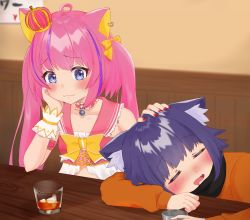 Rule 34 | 1boy, 1girl, :3, absurdres, against table, ahoge, alcohol, androgynous, animal ear fluff, animal ears, arm pillow, bar (place), bell, blue eyes, blue hair, blush, bow, choker, closed eyes, collarbone, crown, cup, drinking glass, drooling, drunk, earrings, frilled choker, frills, gold trim, hair bow, hand on another&#039;s head, headpat, heart-shaped ornament, highres, holding, holding cup, indie virtual youtuber, jacket, jewelry, kemomimi oukoku kokuei housou, liloshi (vtuber), long hair, looking at another, mini crown, mouth drool, multicolored hair, nail polish, neck bell, nekomasu-chan, no gloves, no headwear, open mouth, orange jacket, pink choker, pink hair, pink sailor collar, purple hair, red nails, sailor collar, scarf, shirt, sign, single earring, sleeping, streaked hair, twintails, two side up, virtual youtuber, white choker, white shirt, white wrist cuffs, wrist cuffs, yellow bow, zenmaimaru