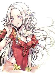 Rule 34 | 1girl, blush, breasts, edelgard von hresvelg, fire emblem, fire emblem: three houses, fire emblem heroes, frilled one-piece swimsuit, frills, hair ornament, hair ribbon, highres, long hair, looking at viewer, nintendo, official alternate costume, one-piece swimsuit, purple eyes, red one-piece swimsuit, ribbon, simple background, solo, swimsuit, umi ( oneinchswing), white hair