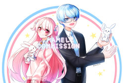 Rule 34 | 1boy, 1girl, :d, animal, bad id, bad pixiv id, black jacket, black pants, blue eyes, blue hair, blue neckwear, blush, brown sweater, closed mouth, collared shirt, commission, dress shirt, eighth note, formal, glasses, hair between eyes, holding, holding animal, jacket, long hair, long sleeves, mamel 27, musical note, necktie, open clothes, open jacket, open mouth, original, pants, pink hair, pleated skirt, rabbit, red eyes, red skirt, shirt, skirt, sleeves past wrists, smile, star (symbol), suit, sweater, twitter username, two side up, very long hair, white-framed eyewear, white background, white shirt