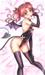 Rule 34 | 1girl, :p, bare shoulders, bat wings, black gloves, black leotard, black thighhighs, blush, bow, bowtie, breasts, brown eyes, demon girl, demon tail, detached collar, elbow gloves, feet out of frame, gloves, hair bow, heart, highleg, highleg leotard, highres, isshi pyuma, leotard, light brown hair, long hair, looking at viewer, red bow, red bowtie, shirai kuroko, small breasts, smile, solo, spider web print, tail, thighhighs, toaru kagaku no railgun, toaru majutsu no index, tongue, tongue out, twintails, wings