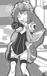 Rule 34 | 1girl, blood, bow, camera, candy crown, character request, flat chest, gloves, greyscale, hair bow, maid headdress, monochrome, nosebleed, phantasy star, phantasy star online 2, solo, thighhighs, trembling, woofycakes