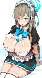 Rule 34 | 1girl, absurdres, apron, aqua eyes, asuna (blue archive), bed sheet, black dress, blue archive, blue bow, blue bowtie, blush, bow, bowtie, breasts, cleavage, dress, frilled dress, frills, garter straps, gloves, hair ribbon, hand on own chest, heavy breathing, highres, huge breasts, jakko, light brown hair, long hair, maid headdress, mole, mole on breast, open mouth, ribbon, short dress, short sleeves, simple background, sitting, solo, sweat, thighhighs, white apron, white background, white gloves, white thighhighs