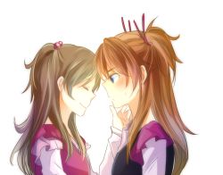 Rule 34 | 10s, 2girls, blue eyes, blush, brown hair, closed eyes, couple, grabbing another&#039;s chin, half updo, hand on another&#039;s chin, houjou hibiki, kazhi, minamino kanade, multiple girls, orange hair, precure, profile, simple background, smile, suite precure, two side up, upper body, white background, yuri