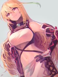 Rule 34 | 1girl, black choker, black gloves, black ribbon, blonde hair, breasts, choker, closed mouth, collarbone, dutch angle, elbow gloves, gloves, grey background, hair between eyes, hand on own hip, highres, long hair, medium breasts, midriff, milla maxwell, miniskirt, navel, red eyes, ribbon, signature, skirt, solo, standing, stomach, tales of (series), tales of xillia, ubo (ubo tales), very long hair, white skirt
