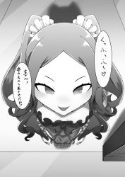Rule 34 | 1girl, breasts, chinese clothes, fate/grand order, fate (series), forehead, from above, greyscale, heart, highres, long hair, monochrome, parted bangs, small breasts, solo, speech bubble, spoken heart, standing, tatsumaki udon, translation request, twintails, wu zetian (fate)