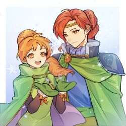 1boy 1girl brother_and_sister cape circlet commentary commission delthea_(fire_emblem) english_commentary fire_emblem fire_emblem_gaiden fur-trimmed_mittens fur_trim highres long_hair luthier_(fire_emblem) mittens nintendo orange_eyes orange_hair pixiv_commission ponytail red_hair siblings silvercandy_gum smile snowflakes snowing textless_version